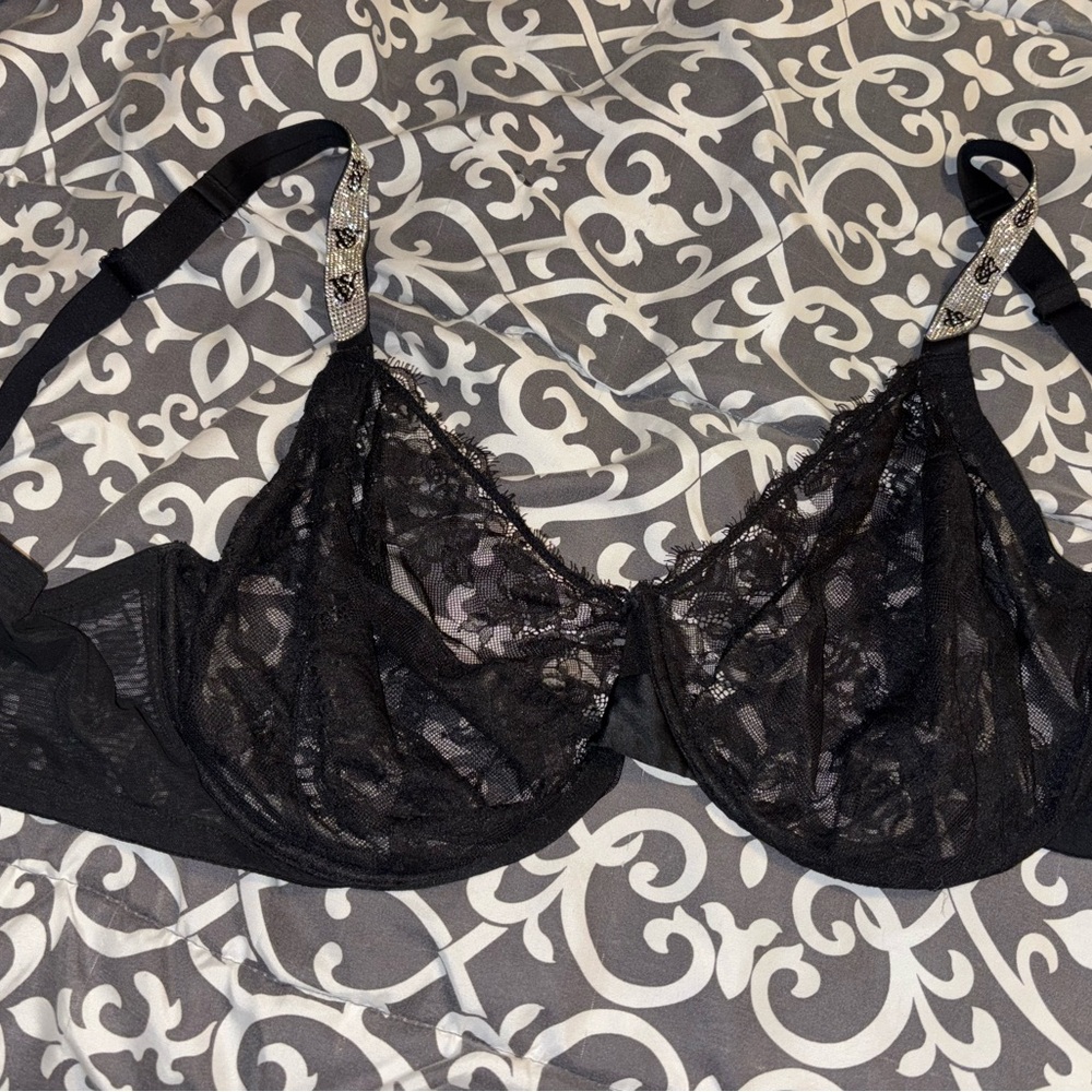 Victoria's Secret Black Lace Underwire Bra with Embellished Straps